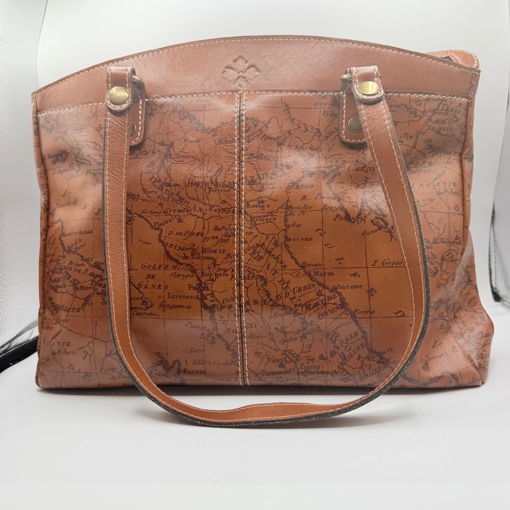Patricia Nash Poppy Bag Women Tan Leather Signature Map Print Tote Excellent